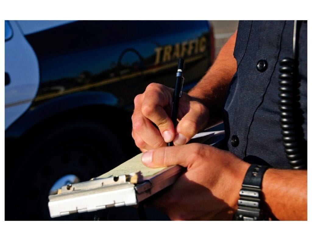 Agent de poliție care completează un proces-verbal de contravenție în urma constatării unei abateri de la normele legale.