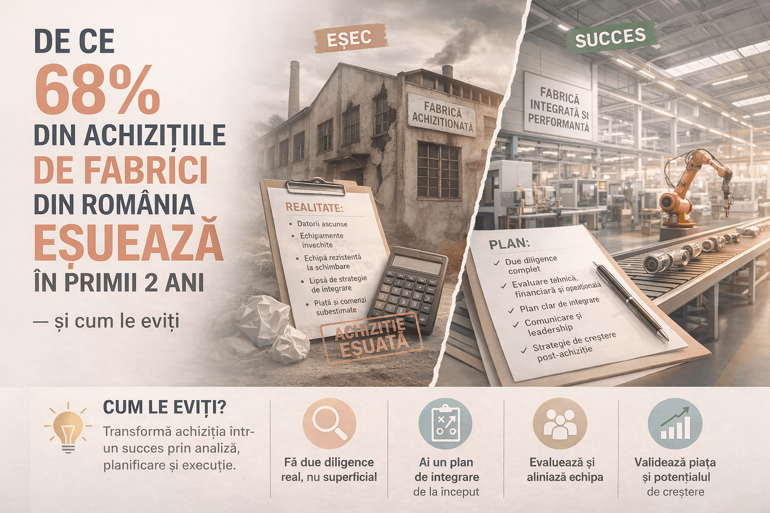 De ce 68% din achizițiile de fabrici din România eșuează în primii 2 ani — și cum le eviți